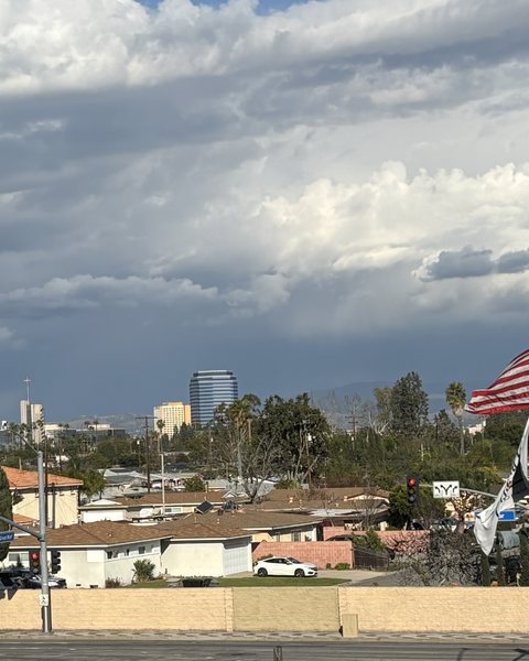 Rooftops and flags under a cloudy sky in Garden Grove