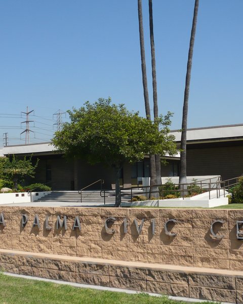 The La Palma Civic Center sign and building