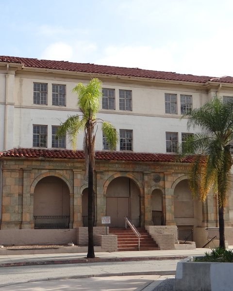 The old YMCA building in downtown Santa Ana, behind palms and a jacaranda